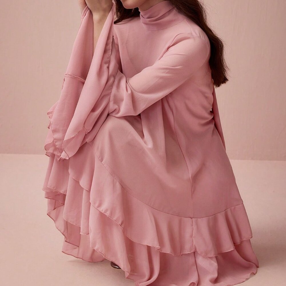 Pink Elegant Women's Ruffle Flared Sleeve Dress - Picture 6 of 7